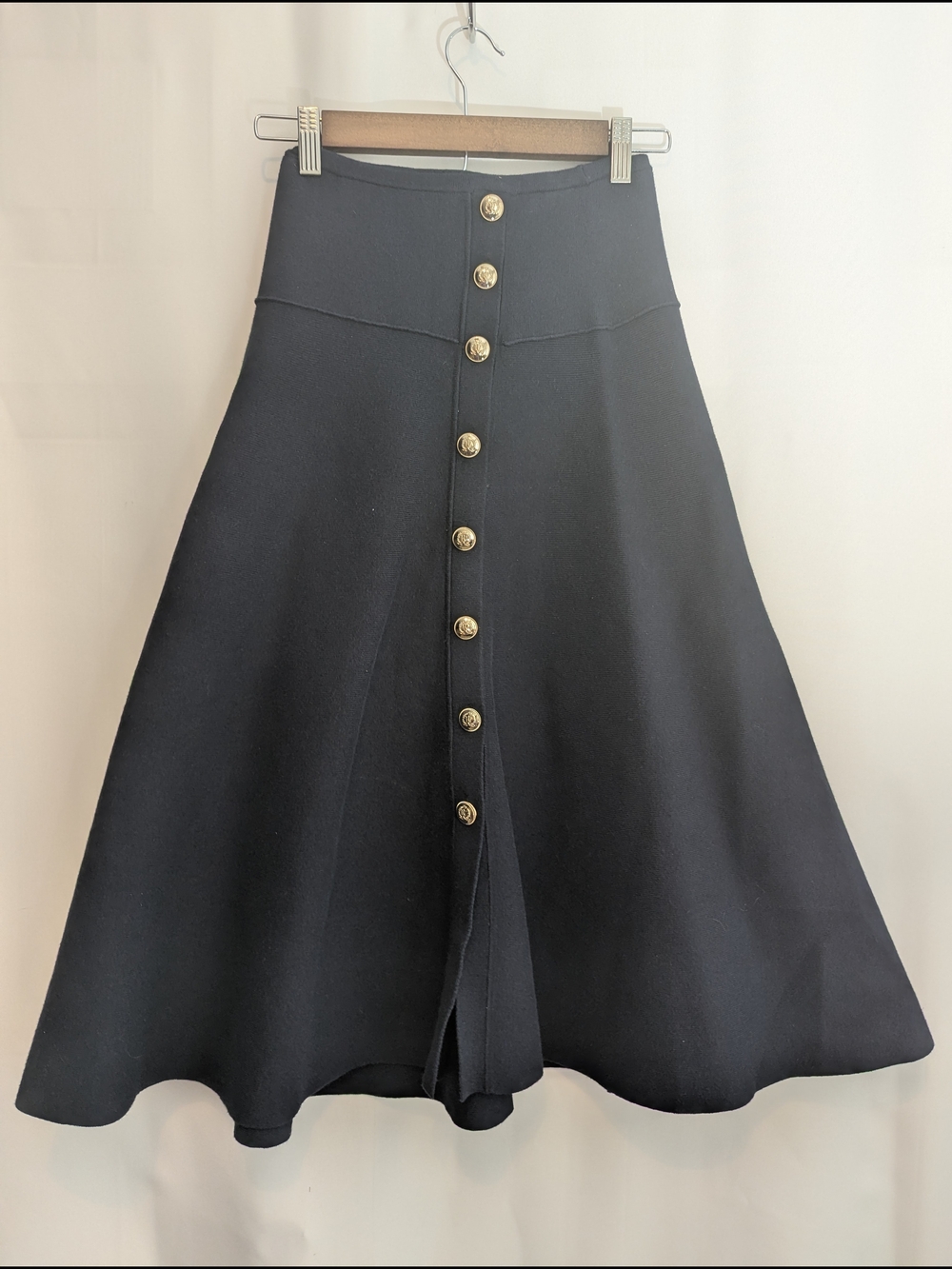 NWT Ann Taylor Knit Midi Skirt XXS Petite XXSP Navy Blue Gold Button A-Line